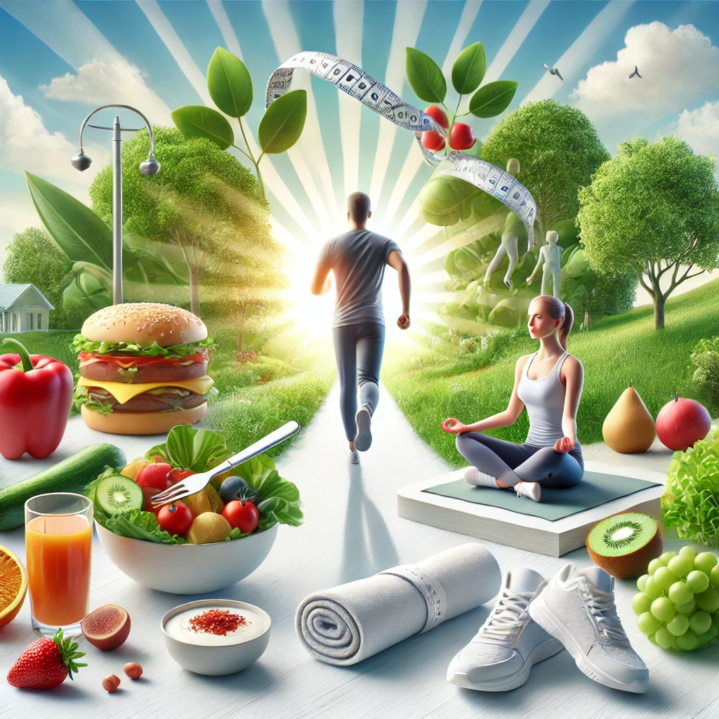 Ilustrasi gaya hidup sehat dengan pola makan seimbang, olahraga teratur, dan manajemen stres